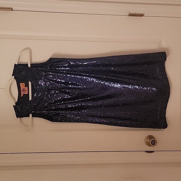 Tory Burch Kylie Size 4 Navy Blue Silk and Sequin Sleeveless Sheath Dress, EUC - Picture 1 of 8